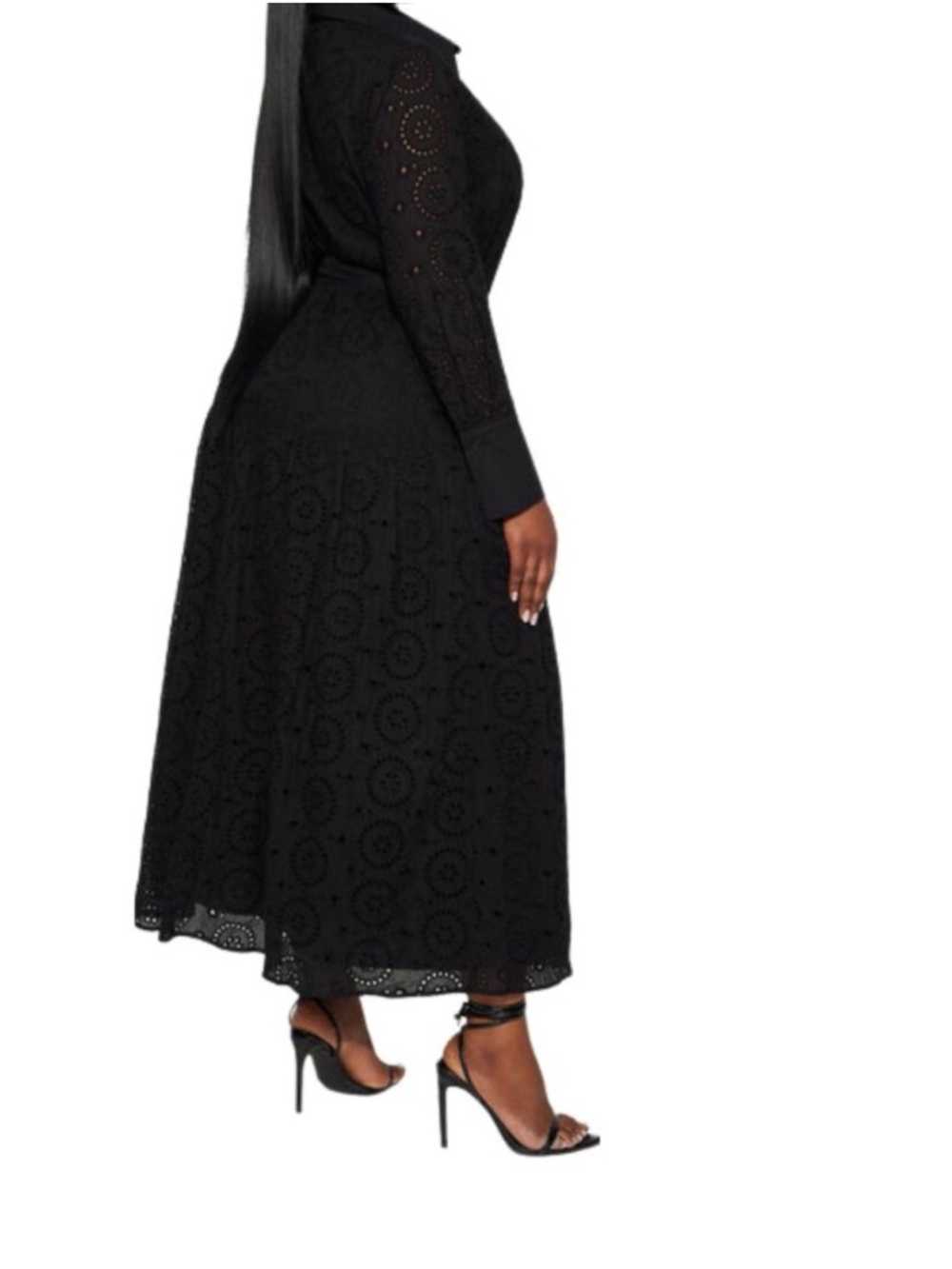 Black Eyelet Shirt Dress with Waist Tie - Picture 3 of 4